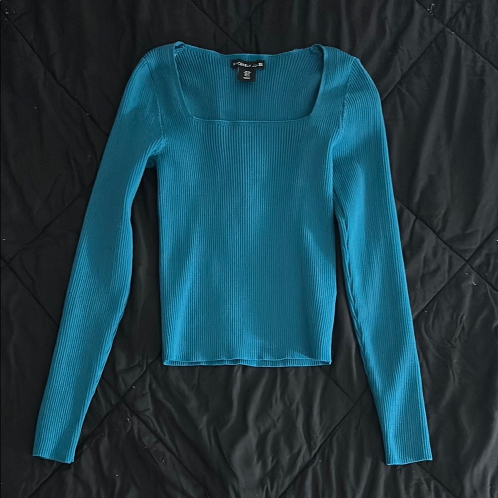 Blue Long Sleeve Ribbed Top